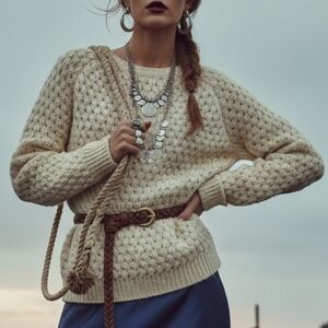 VTG Glen Abbey Ireland 100% Pure Wool Popcorn Knit Sweater Cream XL EUC